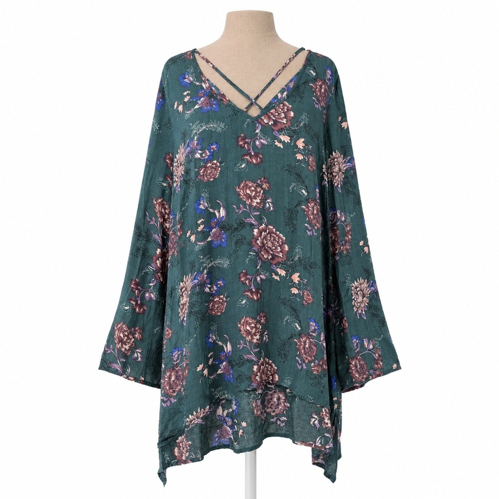 Free People Floral Bell Sleeve Mini Dress Size L Teal Boho Festival Fairy Grunge